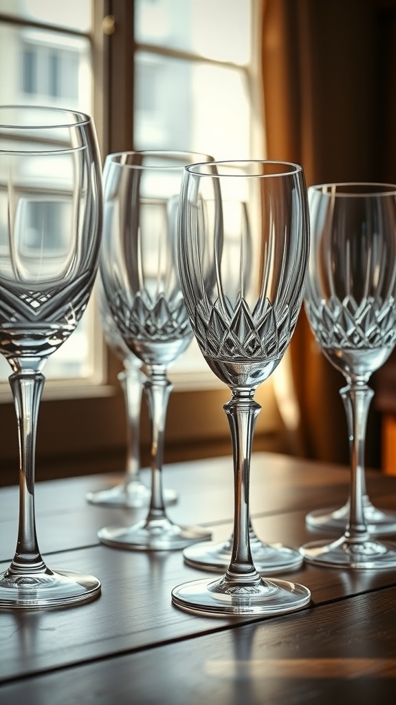 A collection of vintage crystal wine glasses displayed on a wooden table, illuminated by natural light from a window.