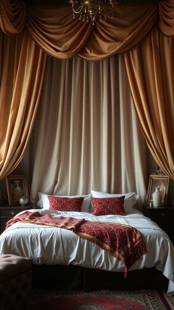 A beautifully styled bedroom with elegant drapery, featuring rich gold and cream curtains framing the bed.