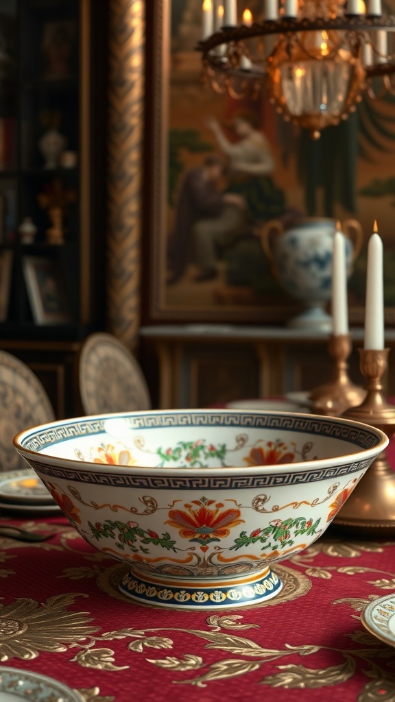 A beautifully crafted bowl with floral designs on a banquet table