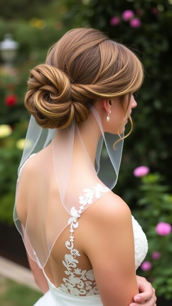 A woman with a vintage French twist hairstyle adorned with a delicate veil, showcasing elegance and charm.