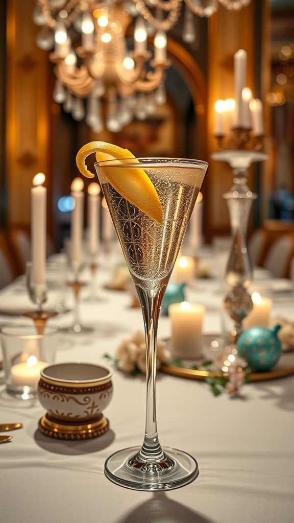A French 75 Martini served elegantly in a tall glass with a lemon twist, set against a beautifully arranged table with candles.