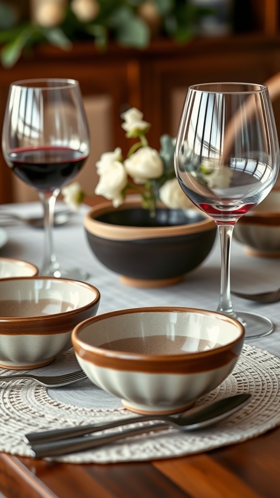 A table setting featuring handcrafted pottery bowls and wine glasses, creating an inviting dining atmosphere.
