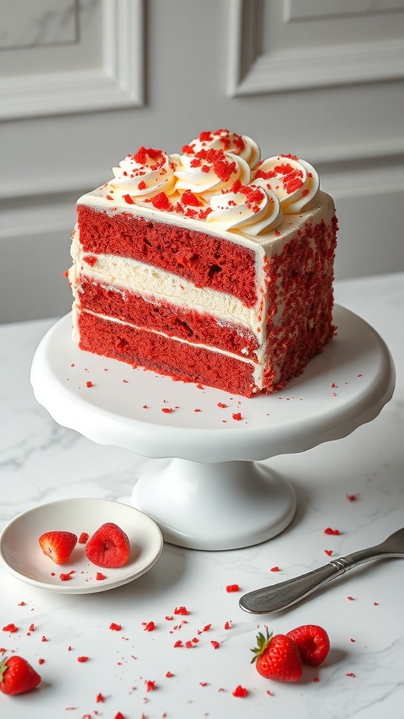 A slice of red velvet ice cream cake on a white cake stand, garnished with strawberries.