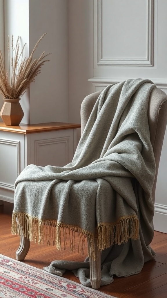 A soft shawl draped over a chair with fringe details, set in a cozy room.
