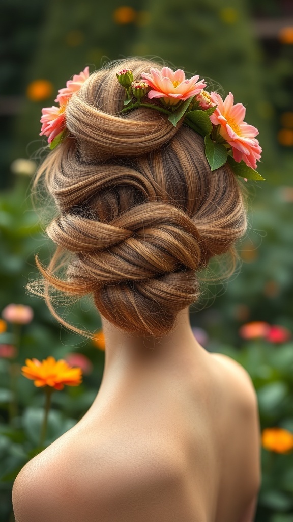 A woman with a twisted updo hairstyle adorned with a floral crown, surrounded by colorful flowers.