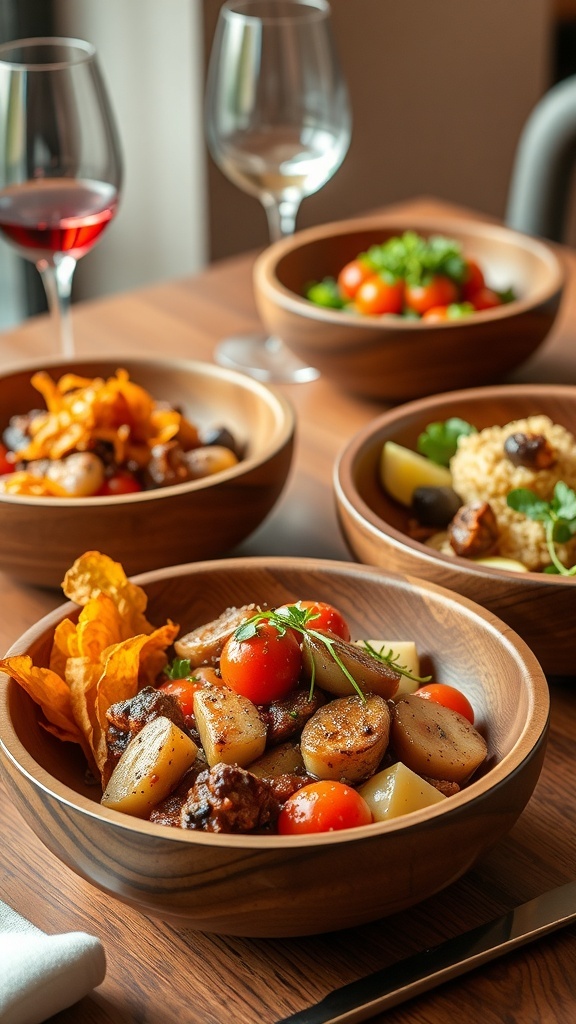 A variety of handcrafted wooden bowls filled with colorful salads and vegetables on a wooden table.