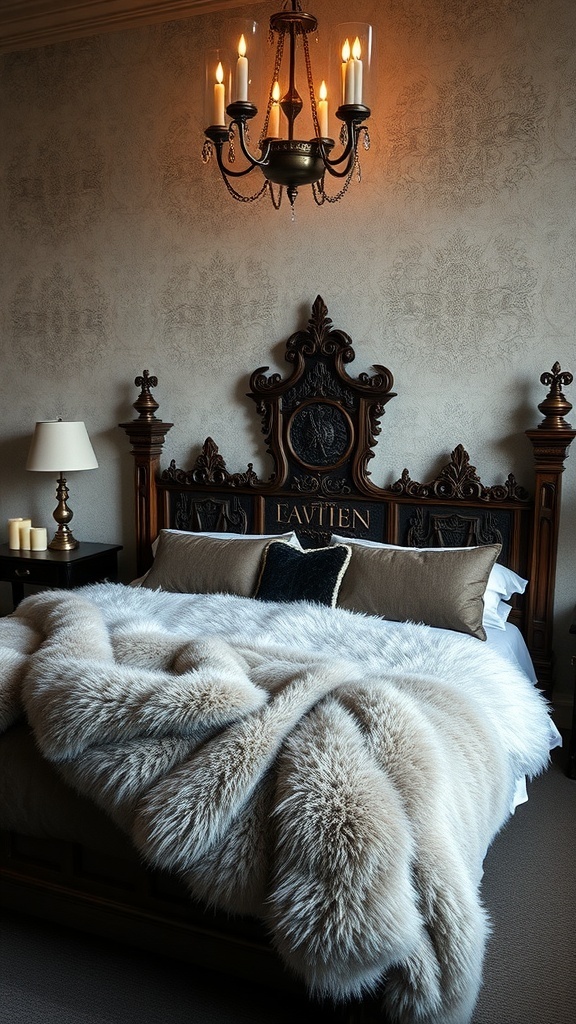 A cozy bedroom with a carved bed frame, faux fur throw, and candle clusters, embodying the Stark aesthetic.