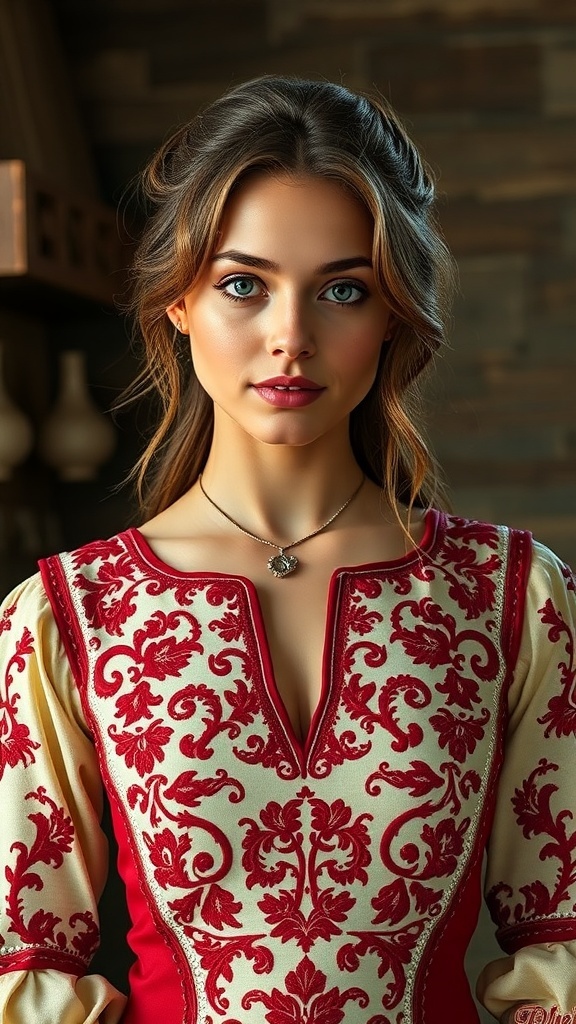 Close-up of an embroidered bodice with floral designs on a dress form.