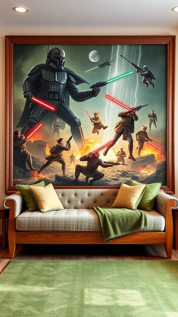 An action-packed battle scene on Endor featuring Ewoks and stormtroopers, with a dramatic background.