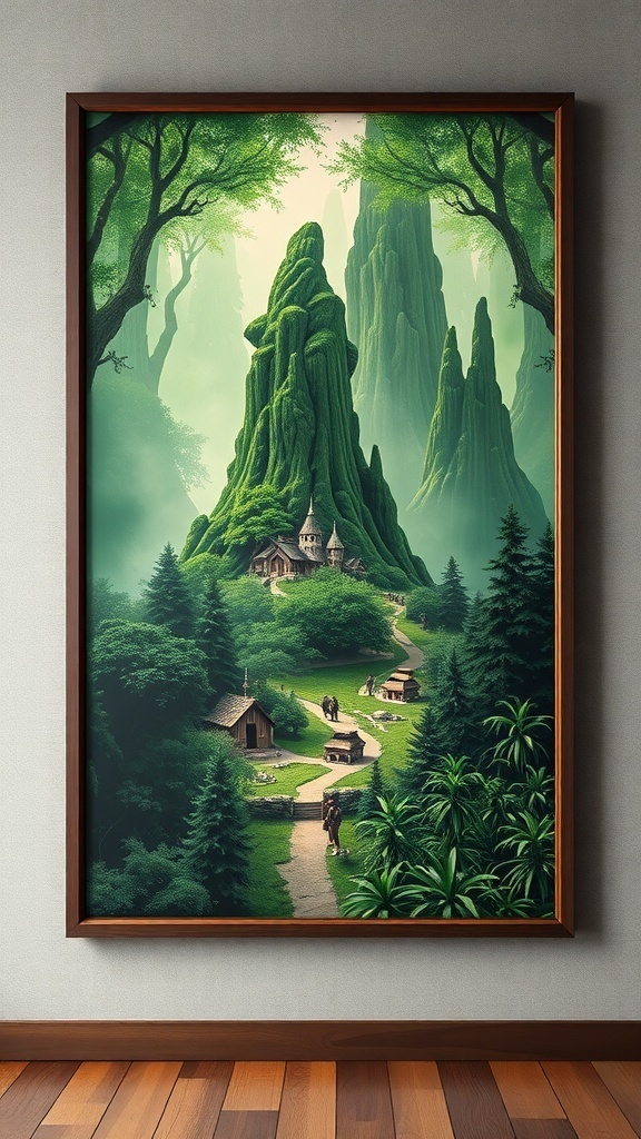 A serene forest scene from Endor with tall trees, rustic wooden houses, and a winding path.