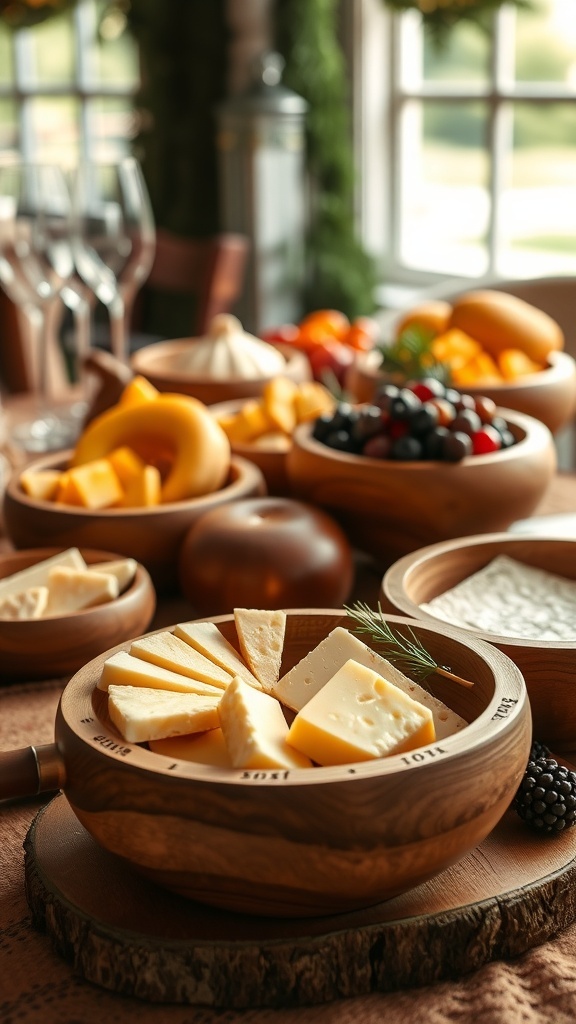 A beautifully arranged table with engraved wooden bowls filled with cheese and fruits, showcasing handcrafted pottery.