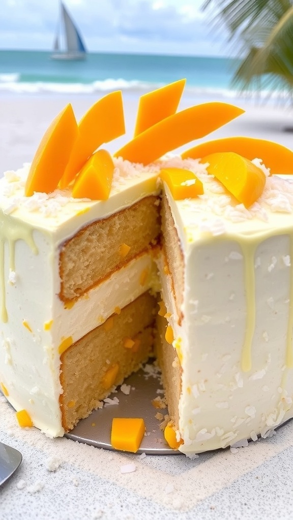Exotic Mango Coconut Ice Cream Cake topped with mango slices and shredded coconut