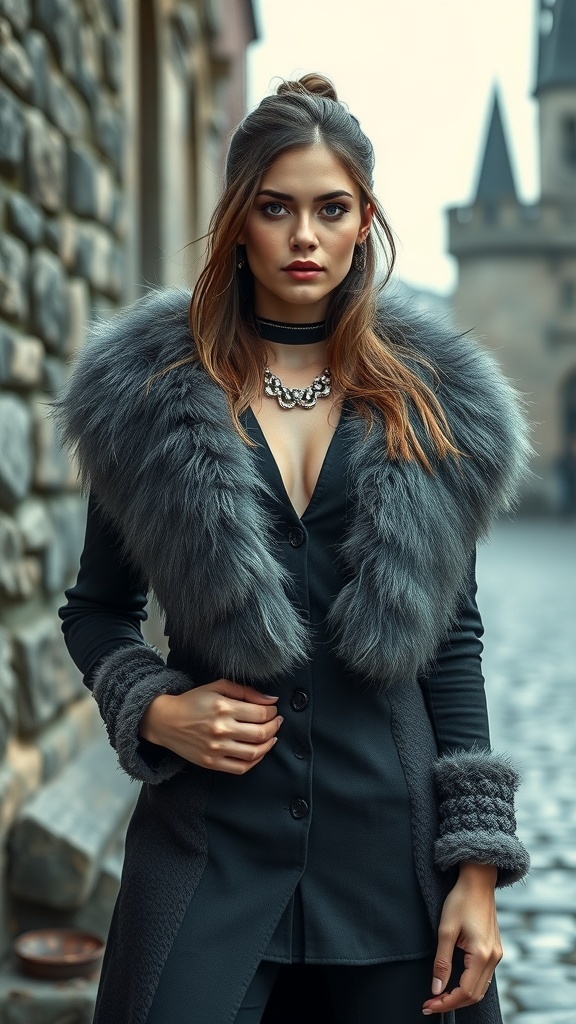 A mannequin dressed in a stylish outfit featuring a faux fur collar jacket and tailored pants.