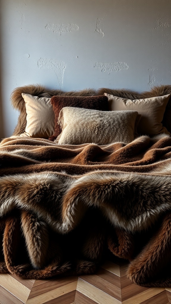 A cozy bed layered with faux fur throws and plush pillows in earthy tones.