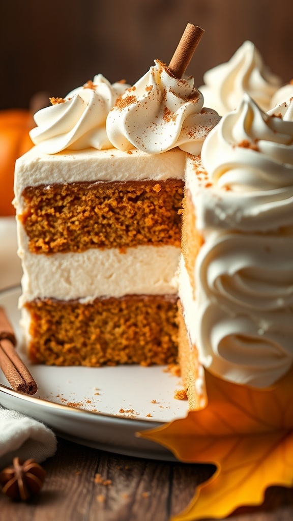 A festive pumpkin spice ice cream cake with whipped cream and cinnamon on top.