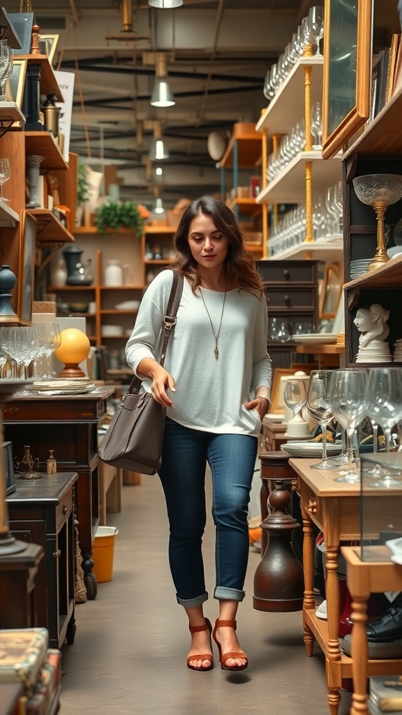 A shopper examining vintage glassware in a cozy shop filled with decorative items.
