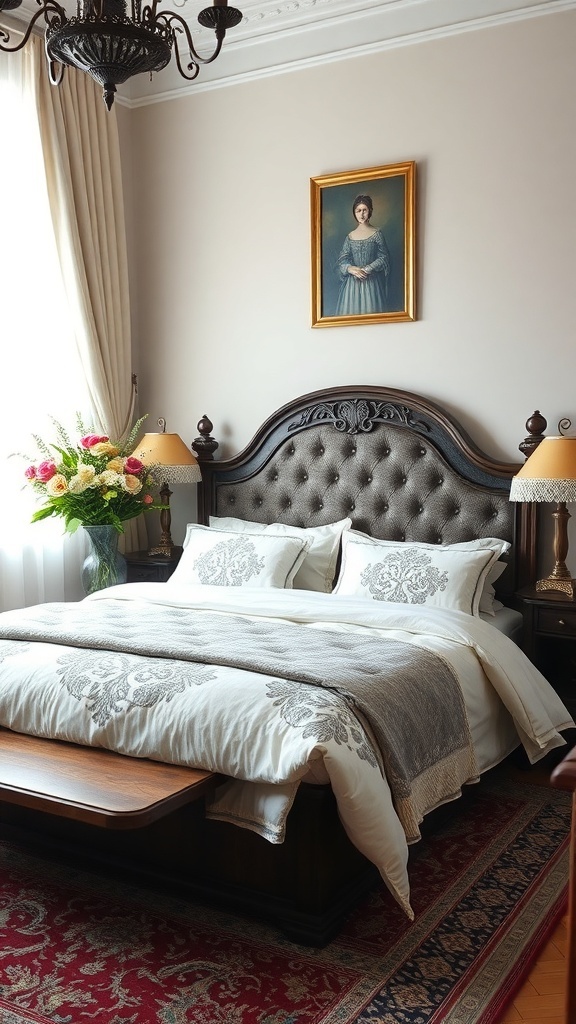 A cozy bedroom featuring a carved bed frame, elegant bedding, and a vibrant floral arrangement on the bedside table.