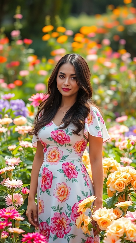 A floral dress surrounded by pink roses in a garden