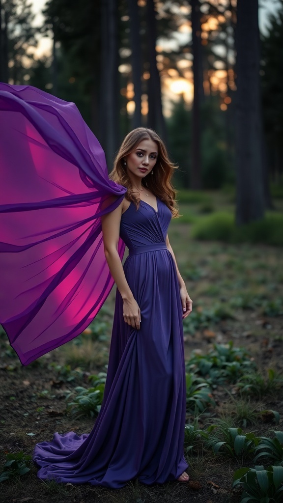 A woman wearing a flowing beige cape in a forest setting, showcasing a modern take on medieval-inspired fashion.
