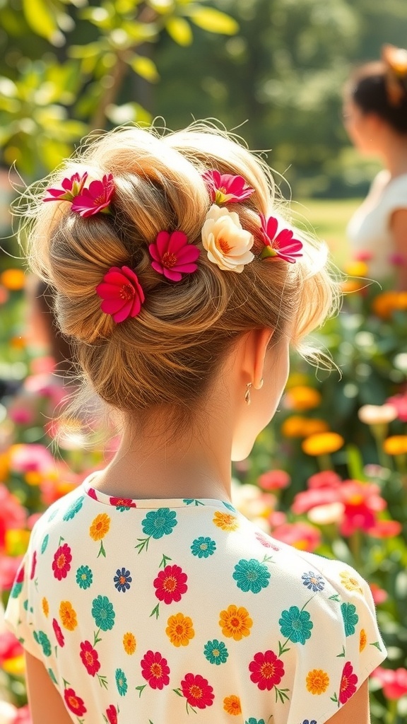 A fluffy updo hairstyle adorned with bright flowers, set against a backdrop of colorful flowers in a garden.