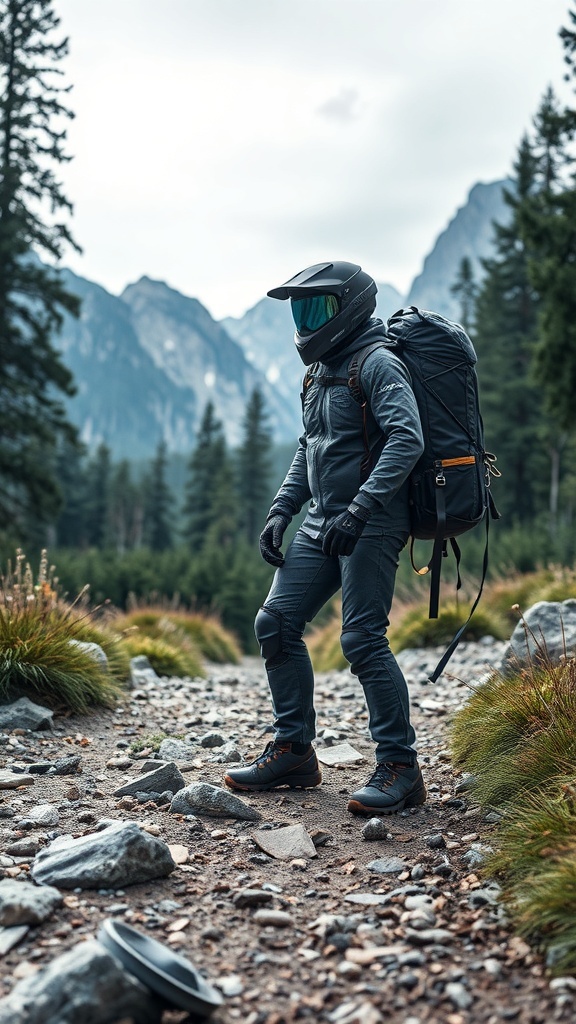 A hiker in futuristic workout gear, featuring a helmet, reflective visor, and a high-tech backpack, standing on a rocky trail surrounded by trees and mountains.