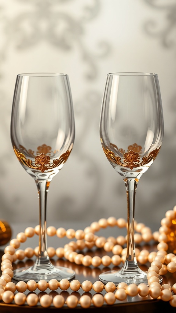 Two vintage wine glasses with gold detailing, surrounded by pearl beads.