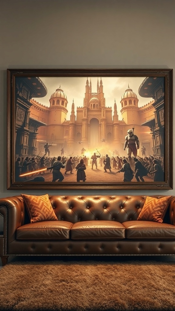 A dramatic scene from the Geonosis Arena with Jedi and droids in battle, featuring lightsabers and a vibrant background.