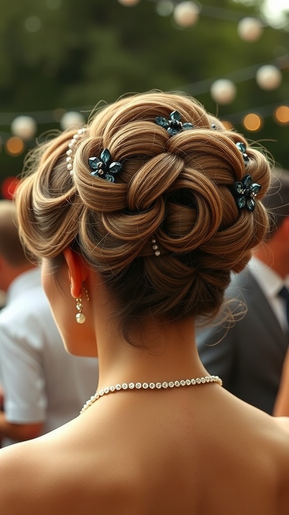 A glamorous 1960s updo hairstyle adorned with sparkling accessories, featuring intricate twists and loops.