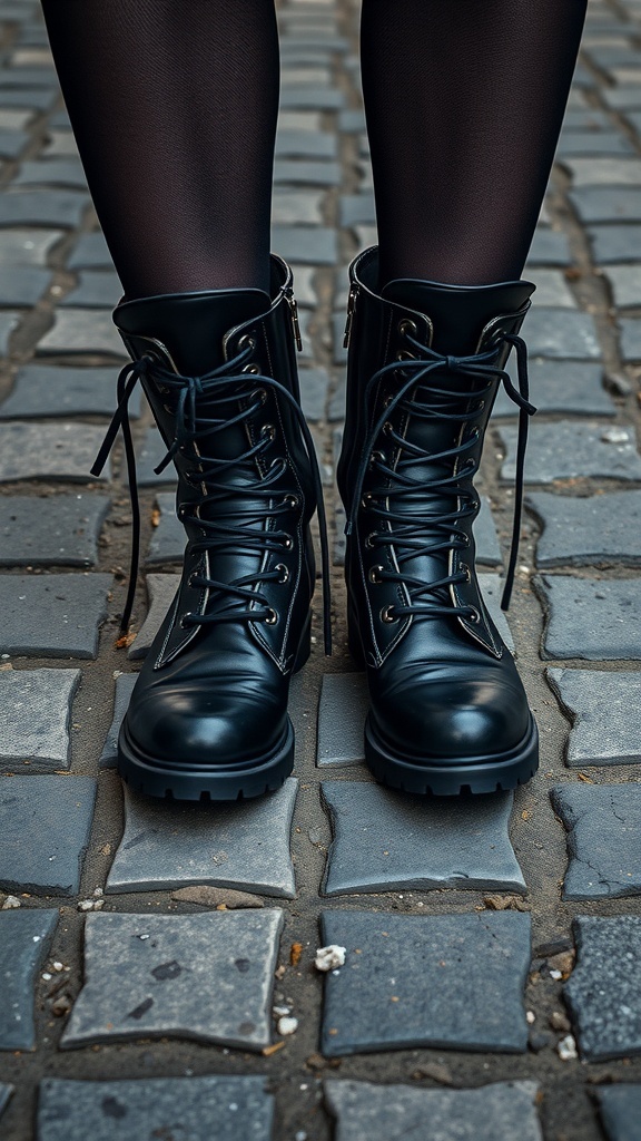 Close-up of black combat boots on cobblestone pavement.