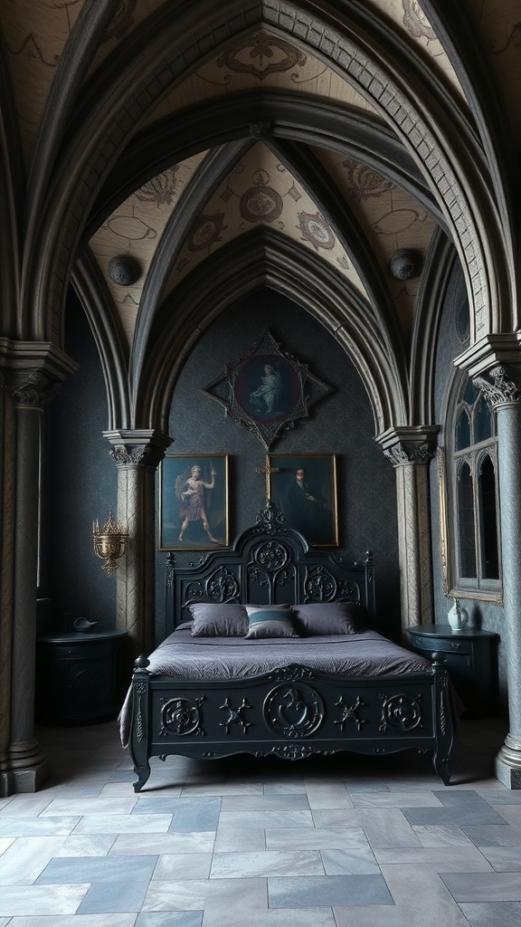 A gothic bedroom featuring arches, a dark carved bed frame, and soft lighting.
