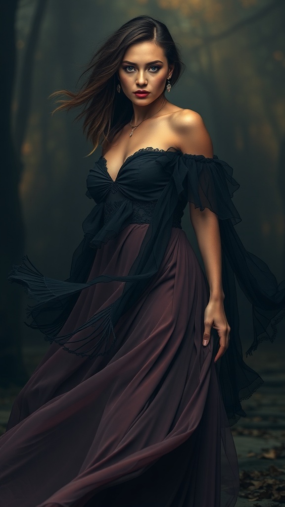 A gothic chiffon gown with intricate detailing, set against a moody backdrop.