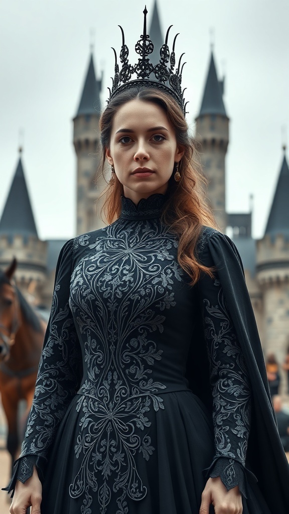 A woman in a gothic-inspired black dress with intricate embroidery and a crown, standing in front of a castle.