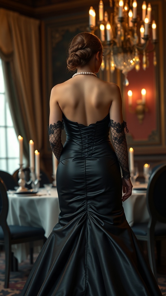 A woman in a black gown with lace gloves, standing in a candlelit room.