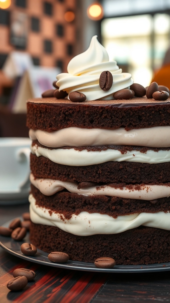 Gourmet coffee ice cream layer cake with whipped cream and coffee beans on top