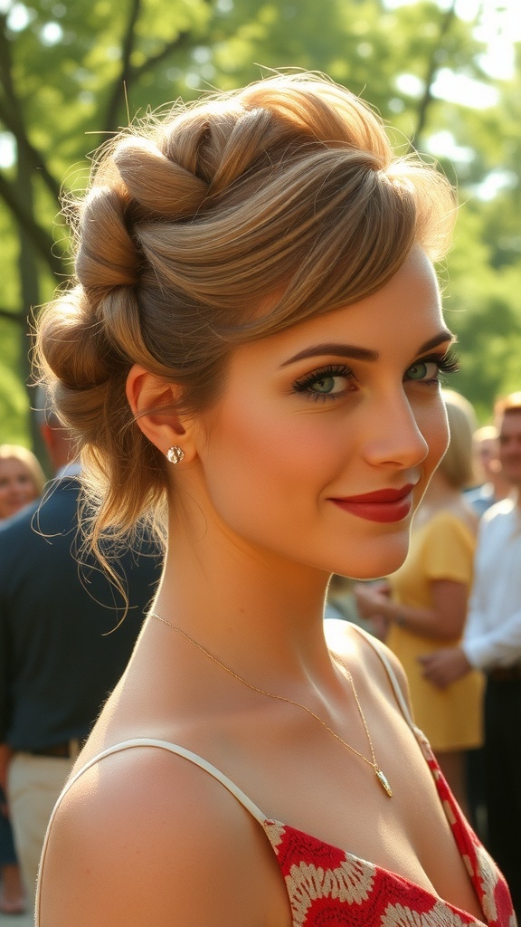 A woman with a half-up twist hairstyle, showcasing a 1960s updo, in a sunny outdoor setting.