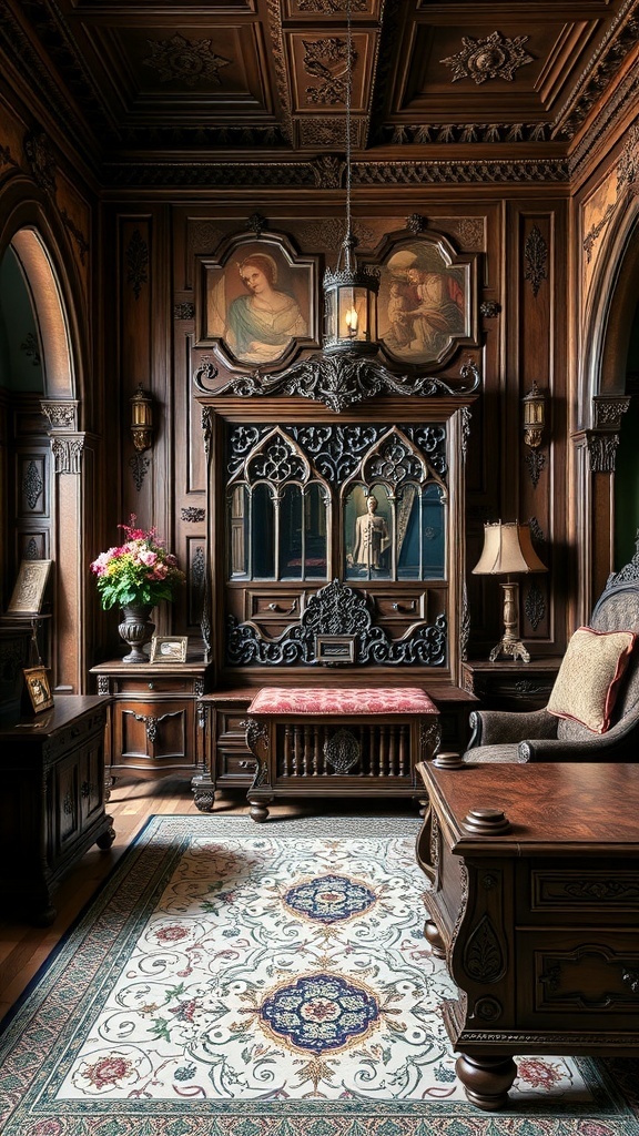 A beautifully decorated room featuring hand-carved wooden furniture, intricate details, and warm lighting.