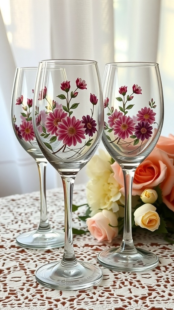Three vintage wine glasses with hand-painted floral patterns on a lace tablecloth, surrounded by flowers.