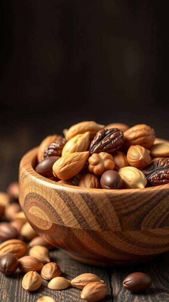 A hand-turned wooden bowl filled with assorted nuts, showcasing the natural beauty of the wood.