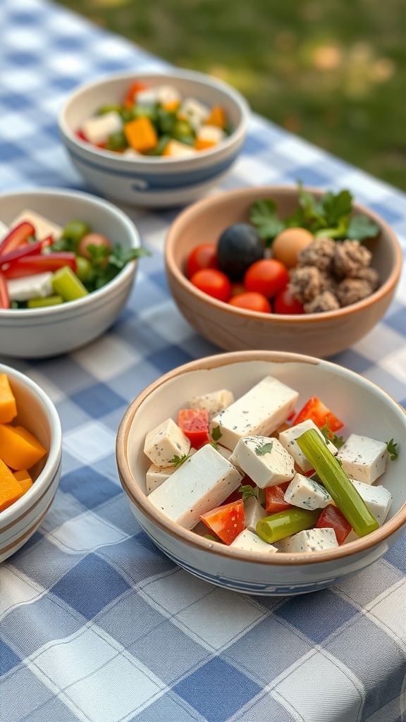 A variety of handcrafted pottery bowls filled with fresh salads, cheese, and snacks on a checkered tablecloth.