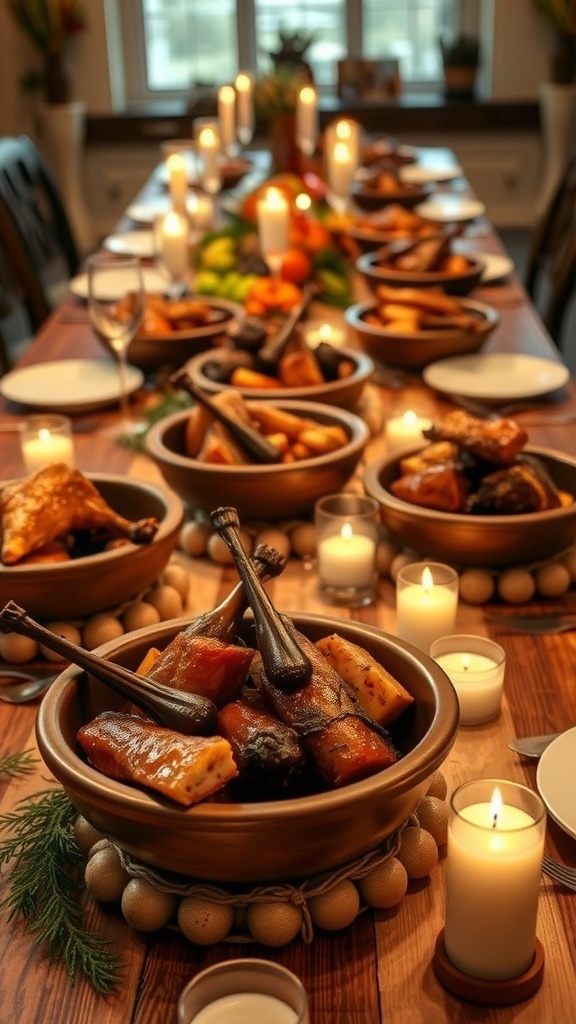 A beautifully arranged table with handcrafted pottery and wooden bowls filled with game meats and vegetables, illuminated by candlelight.