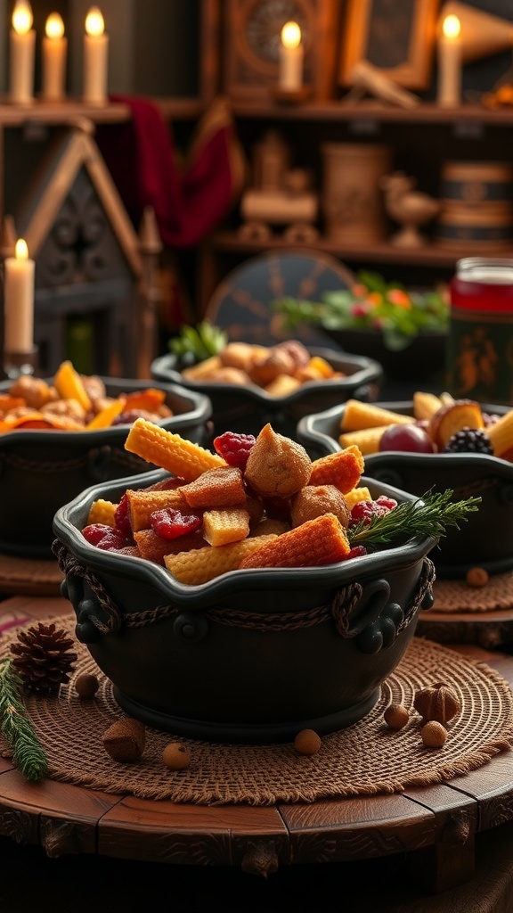 A collection of handcrafted pottery and wooden bowls filled with colorful food items, set against a warm, candlelit background.
