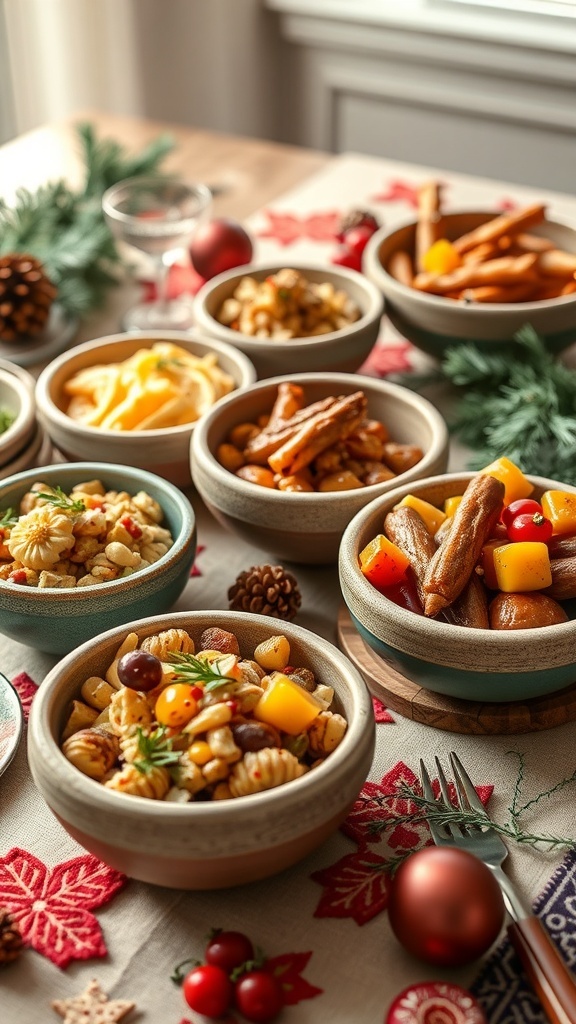 A collection of handcrafted pottery and wooden bowls filled with colorful seasonal dishes on a festive table setting.