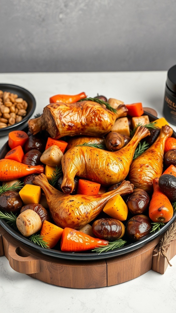 A beautifully arranged wooden platter with roasted chicken and colorful vegetables.