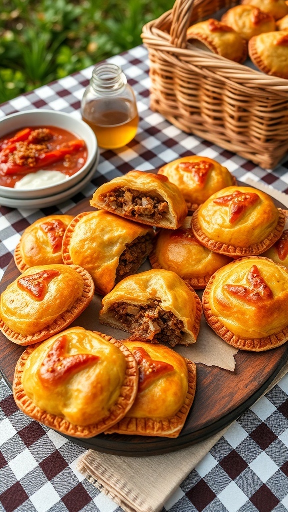 A platter of golden brown pulled pork hand pies with a side of dipping sauce.