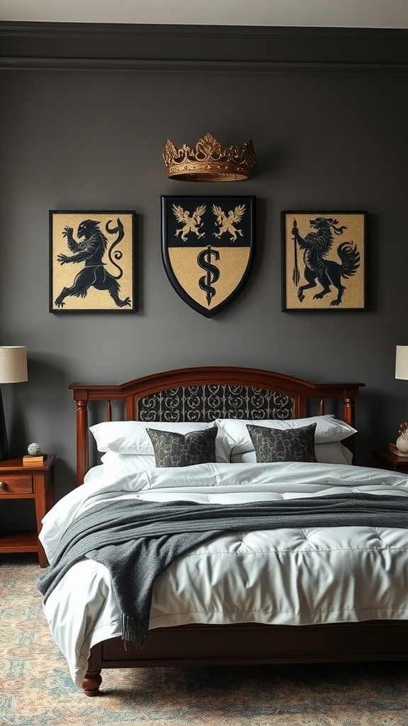 A bedroom featuring heraldic symbols on the wall, including coats of arms with lions and a phoenix, creating a noble atmosphere.