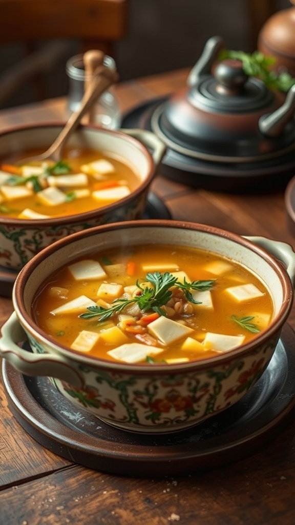 Two handcrafted pottery soup bowls filled with vegetable soup, garnished with herbs, on a wooden table.