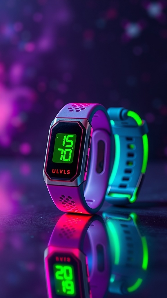 High-tech resistance bands with neon accents on a reflective surface