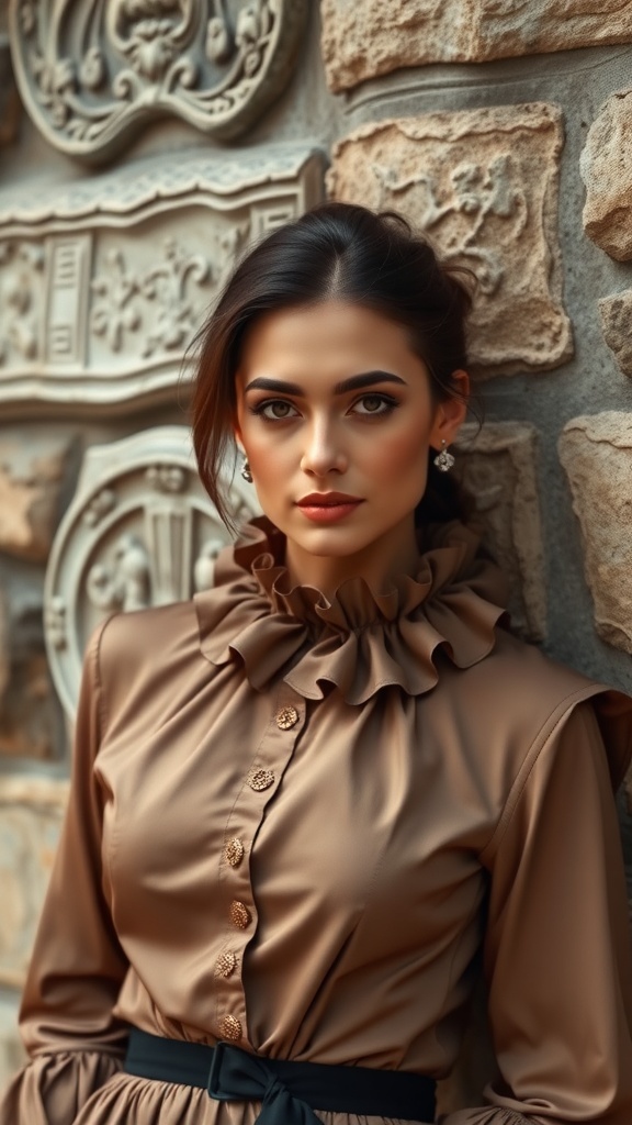 A dress featuring a high ruffled collar in soft pink fabric, displayed against a stone wall.