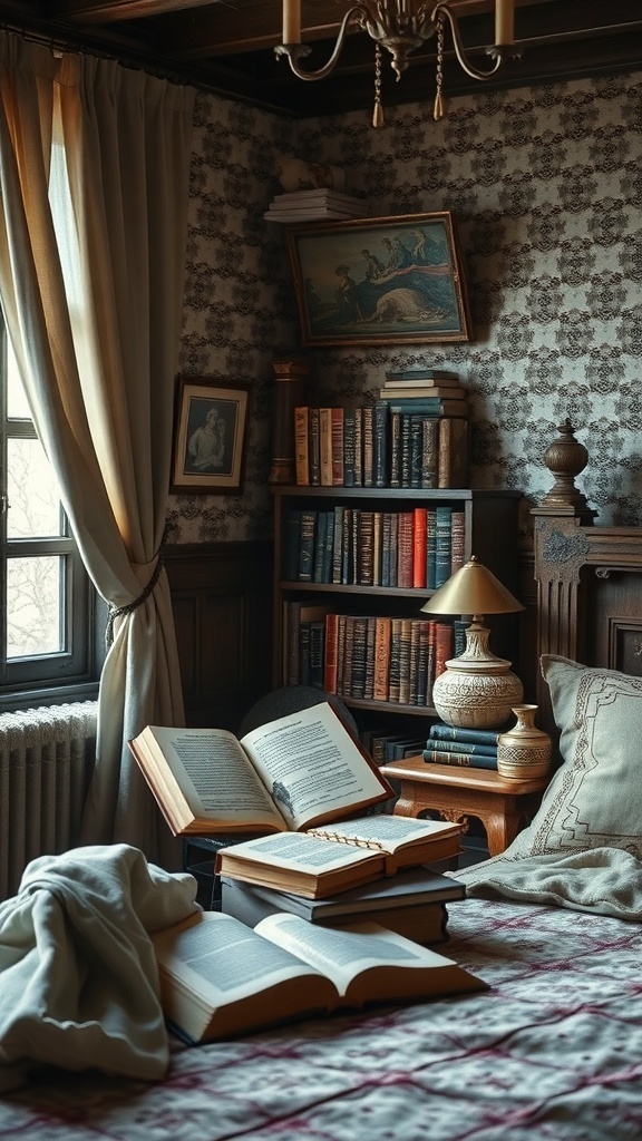 A cozy bedroom with a bookshelf filled with books, an open book on the bed, and soft throws, creating a warm and inviting atmosphere.