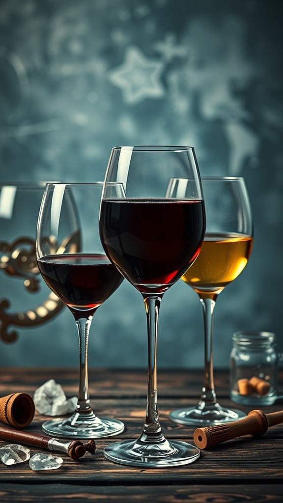 A collection of vintage wine glasses with red and white wine, set against a blurred background.